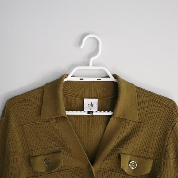 Cabi Polo Flap-Pocket Collared XS Green Ribbed Long Sleeve Cardigan - Picture 3 of 11